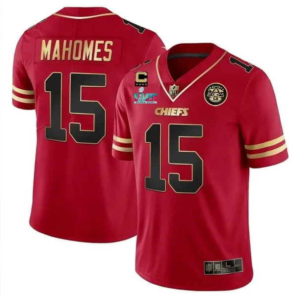 Custom Chiefs Jersey for Men Kansas City Chiefs #15 Patrick Mahomes Red Gold Super Bowl LVII Patch And 4-star C Patch Vapor Untouchable Limited Stitched Jersey -