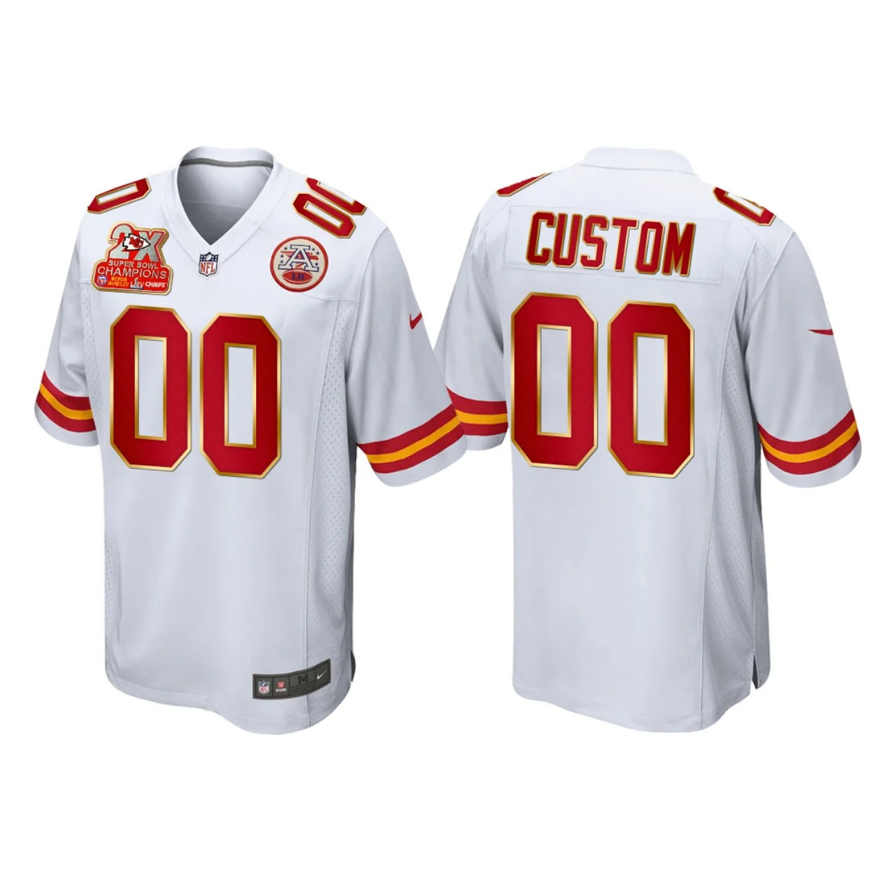 Men's Kansas City Chiefs #00 Custom White 2X Super Bowl Champions Patch Game Jersey -