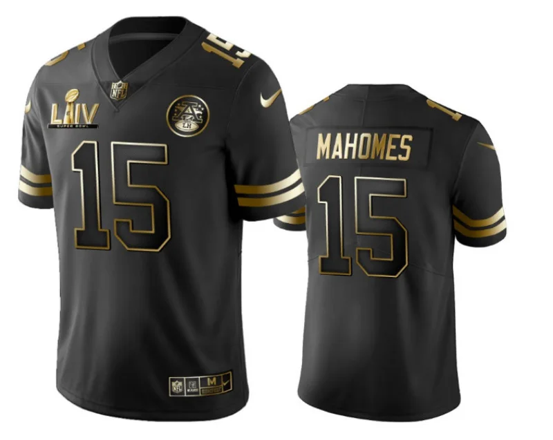 Custom Chiefs Jersey for Men Kansas City Chiefs #15 Patrick Mahomes Black Super Bowl LIV Golden Edition Jersey -