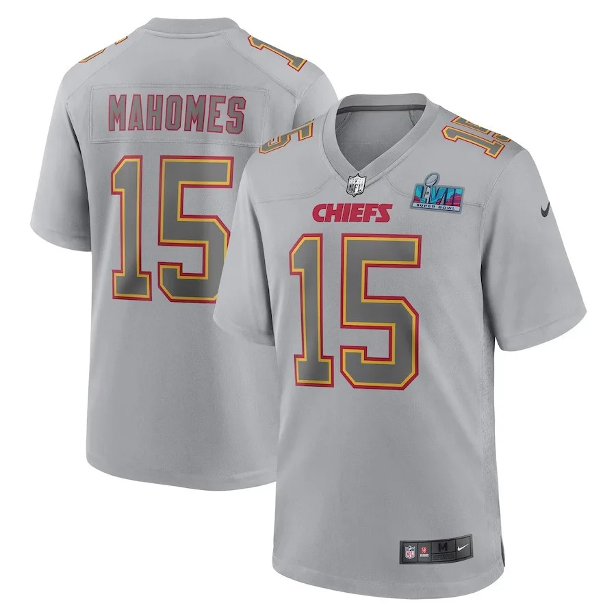 Men's Patrick Mahomes Gray Kansas City Chiefs Super Bowl LVII Patch Atmosphere Fashion Game Jersey -