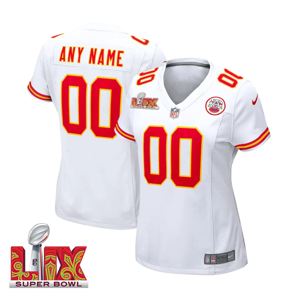 Woman Custom Super Bowl LIX Kansas City Chiefs Away Game Jersey – White –