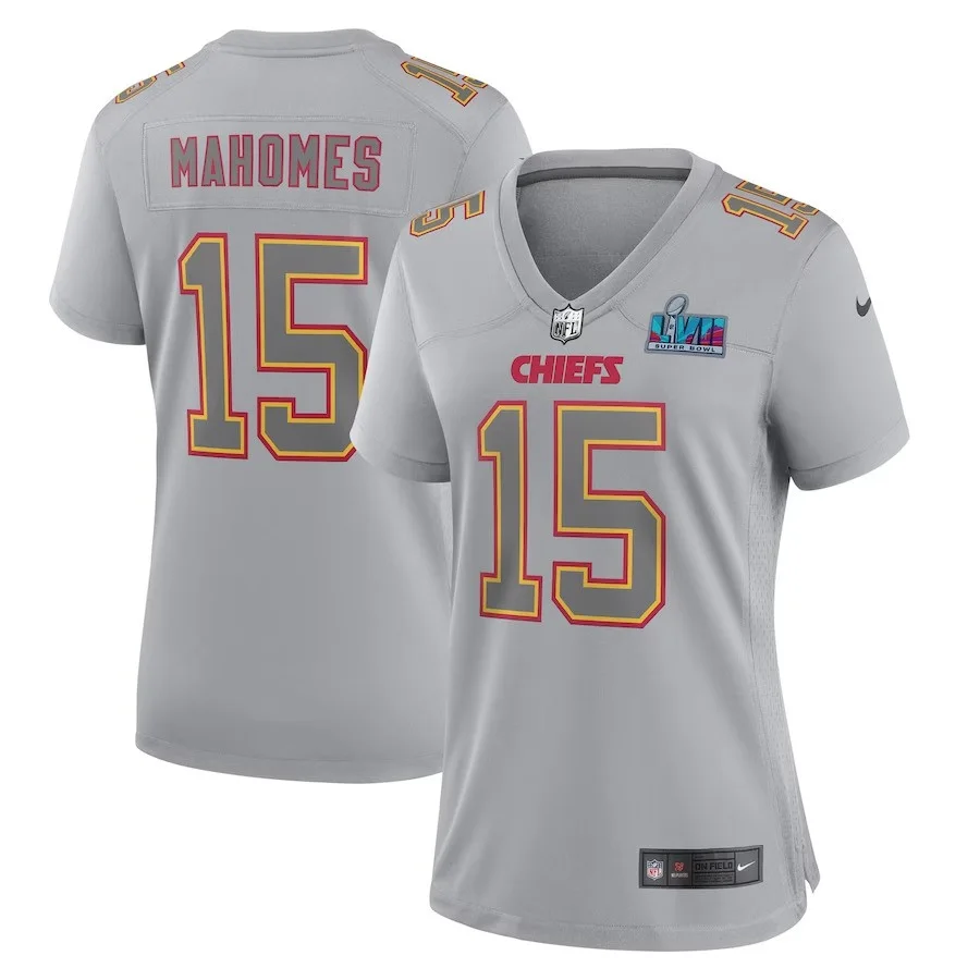 Woman's Patrick Mahomes Gray Kansas City Chiefs Super Bowl LVII Patch Atmosphere Fashion Game Jersey -