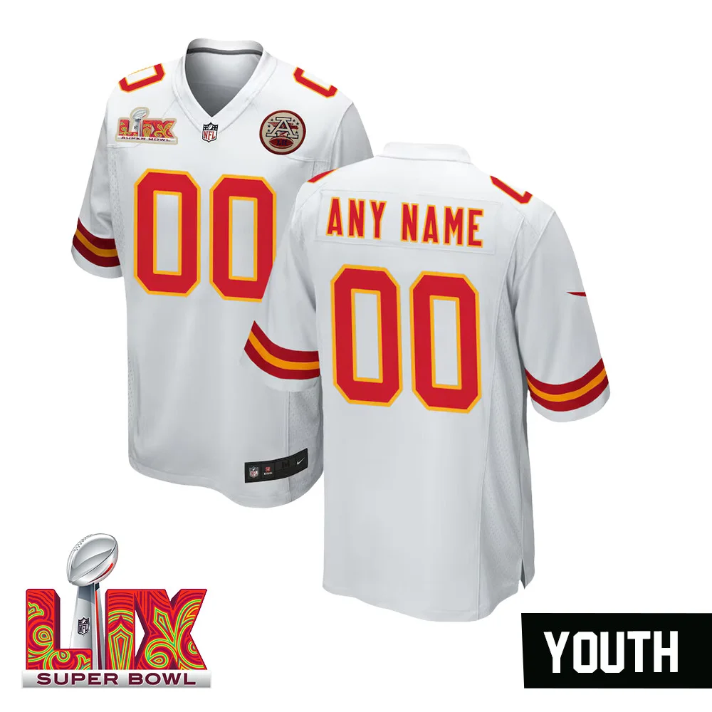 Youth Custom Super Bowl LIX Kansas City Chiefs Away Game Jersey – White –