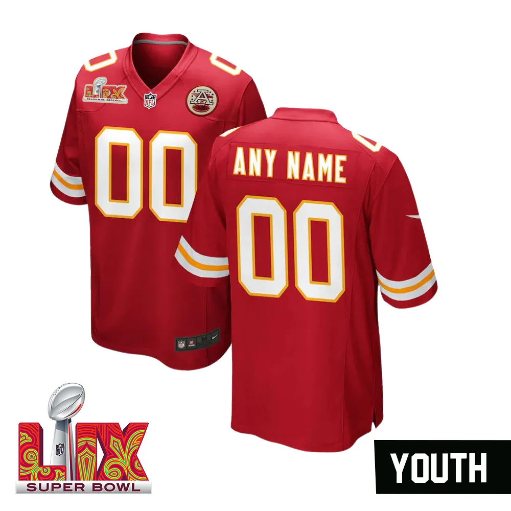 Youth Custom Super Bowl LIX Kansas City Chiefs Home Game Jersey – Red –