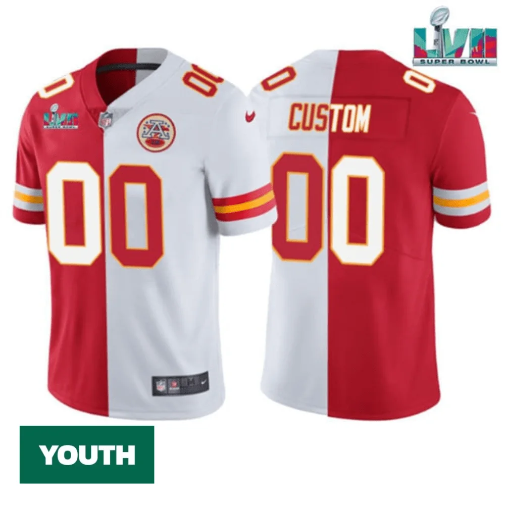 Custom Chiefs Jersey for Youth Kansas City Chiefs Custom ACTIVE PLAYER Red White Split Super Bowl LVII Patch Vapor Untouchable Limited Stitched Jersey -
