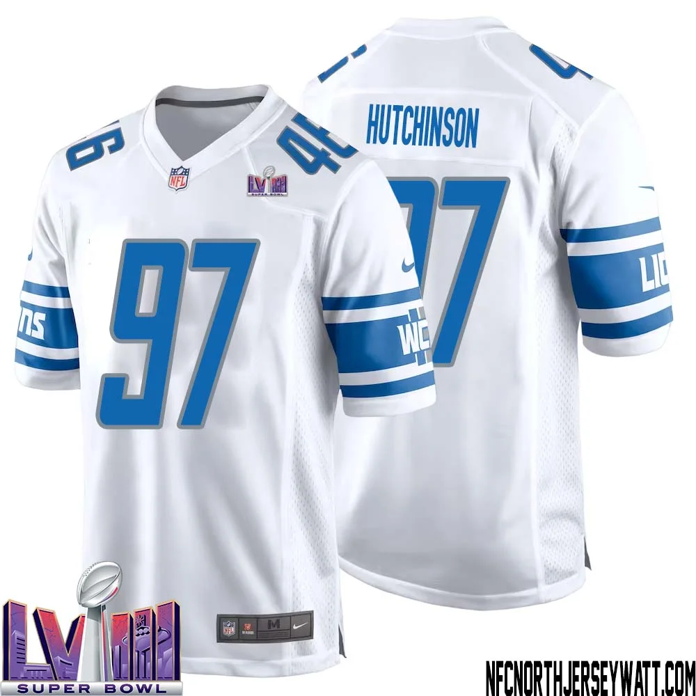 Aidan Hutchinson No 97 Men White Detroit Lions Player Super Bowl LVIII Away Game Jersey