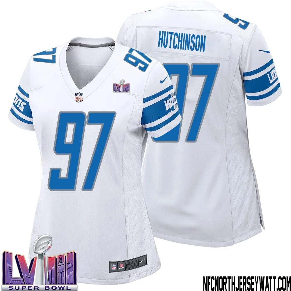 Aidan Hutchinson No 97 Women White Detroit Lions Player Super Bowl LVIII Away Game Jersey