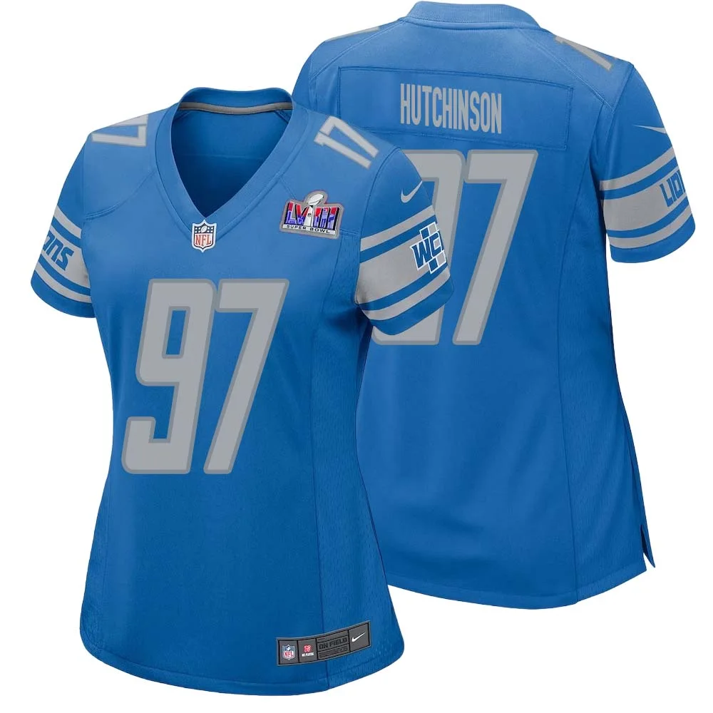 Aidan Hutchinson No 97 Womens Custom Blue Detroit Lions Super Bowl LVIII Player Home Game Jersey