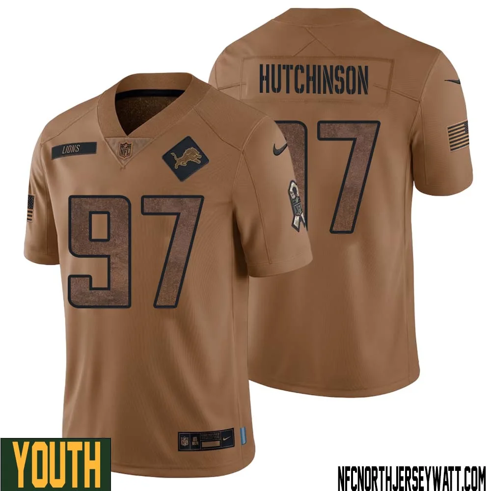 Aidan Hutchinson No 97 Youth Brown Detroit Lions 2023 Salute To Service Retired Player Limited Jersey 1