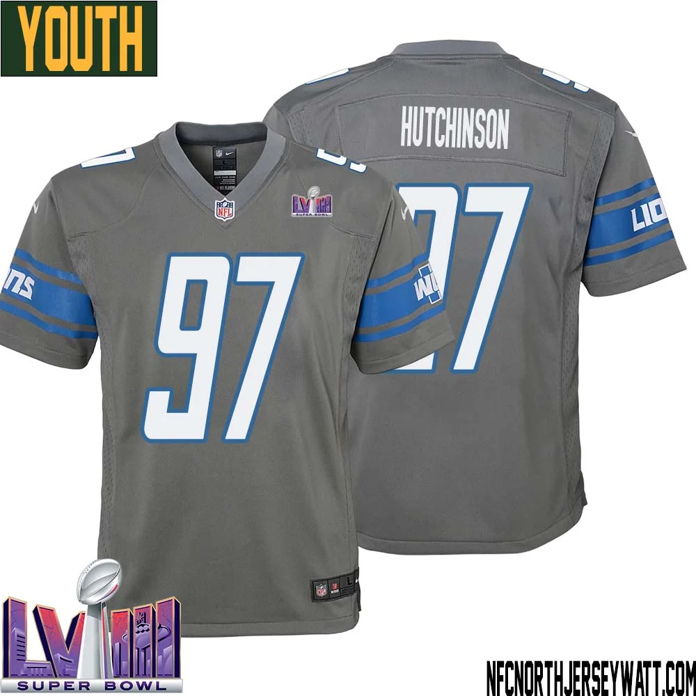 Aidan Hutchinson No 97 Youth Grey Detroit Lions Player Super Bowl LVIII Alternate Game Jersey 1