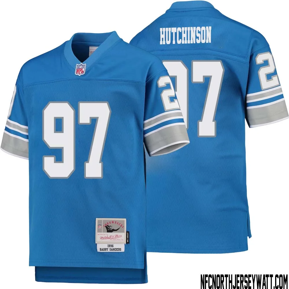 Aidan Hutchinson No 97 Youth Mitchell Ness Blue Detroit Lions 1996 Legacy Retired Player Jersey