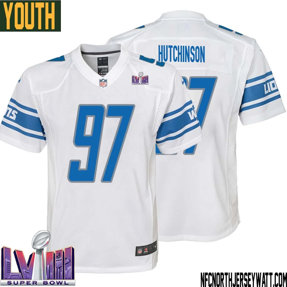 Aidan Hutchinson No 97 Youth White Detroit Lions Player Super Bowl LVIII Away Game Jersey 1