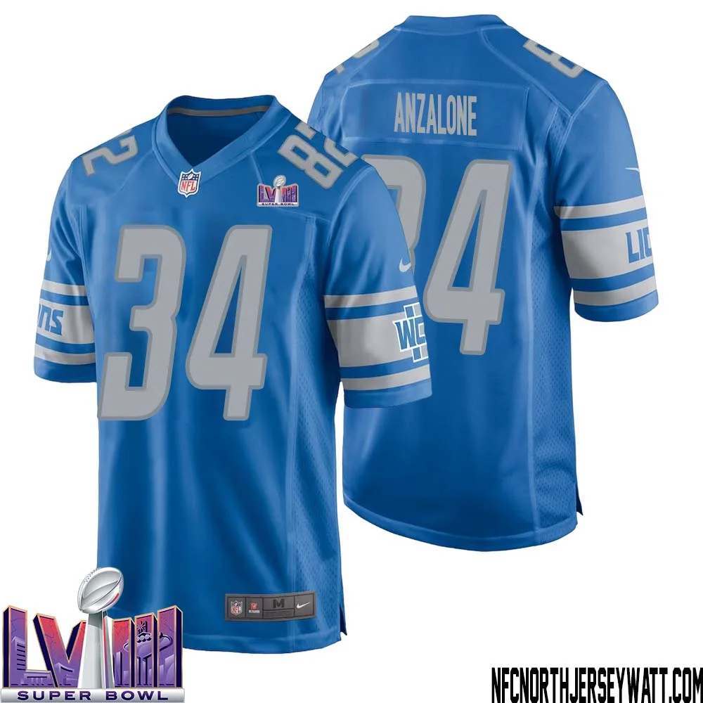 Alex Anzalone No 34 Men Blue Detroit Lions Player Super Bowl LVIII Home Game Jersey
