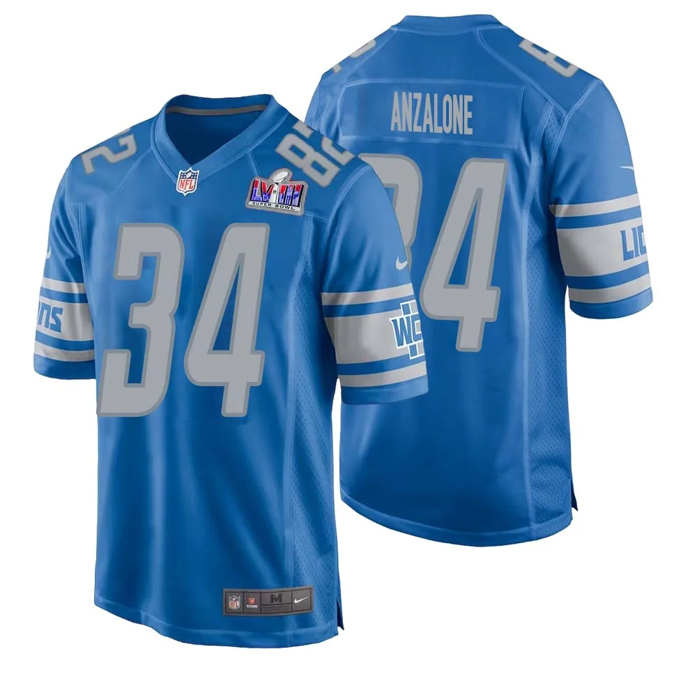 Alex Anzalone No 34 Mens Custom Blue Detroit Lions Super Bowl LVIII Player Home Game Jersey