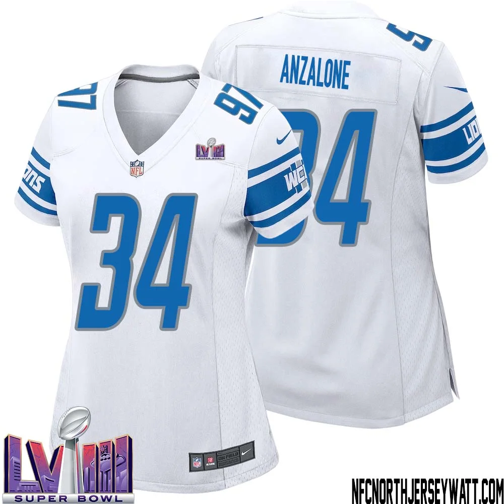 Alex Anzalone No 34 Women White Detroit Lions Player Super Bowl LVIII Away Game Jersey