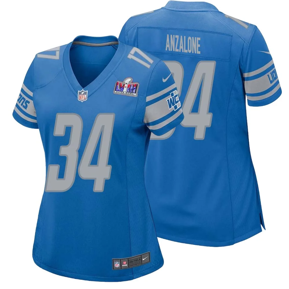 Alex Anzalone No 34 Womens Custom Blue Detroit Lions Super Bowl LVIII Player Home Game Jersey