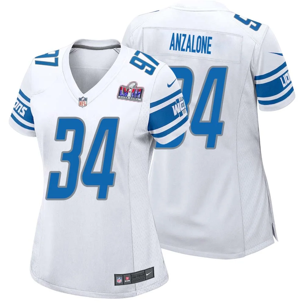 Alex Anzalone No 34 Womens Custom White Detroit Lions Super Bowl LVIII Away Game Jersey