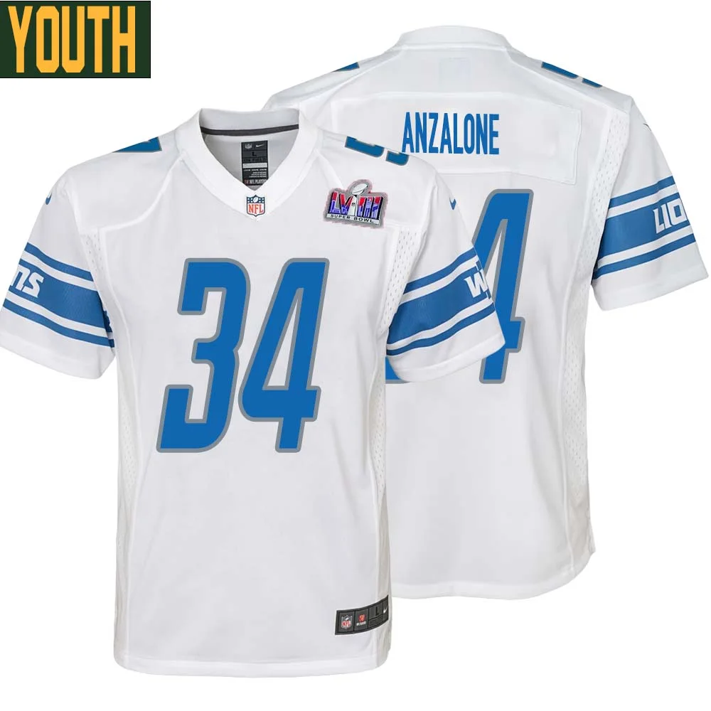 Alex Anzalone No 34 Youths Custom White Detroit Lions Super Bowl LVIII Away Game Jersey