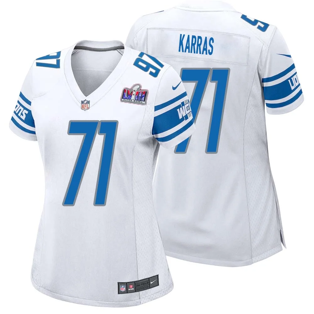 Alex Karras No 71 Womens Custom White Detroit Lions Super Bowl LVIII Away Game Jersey