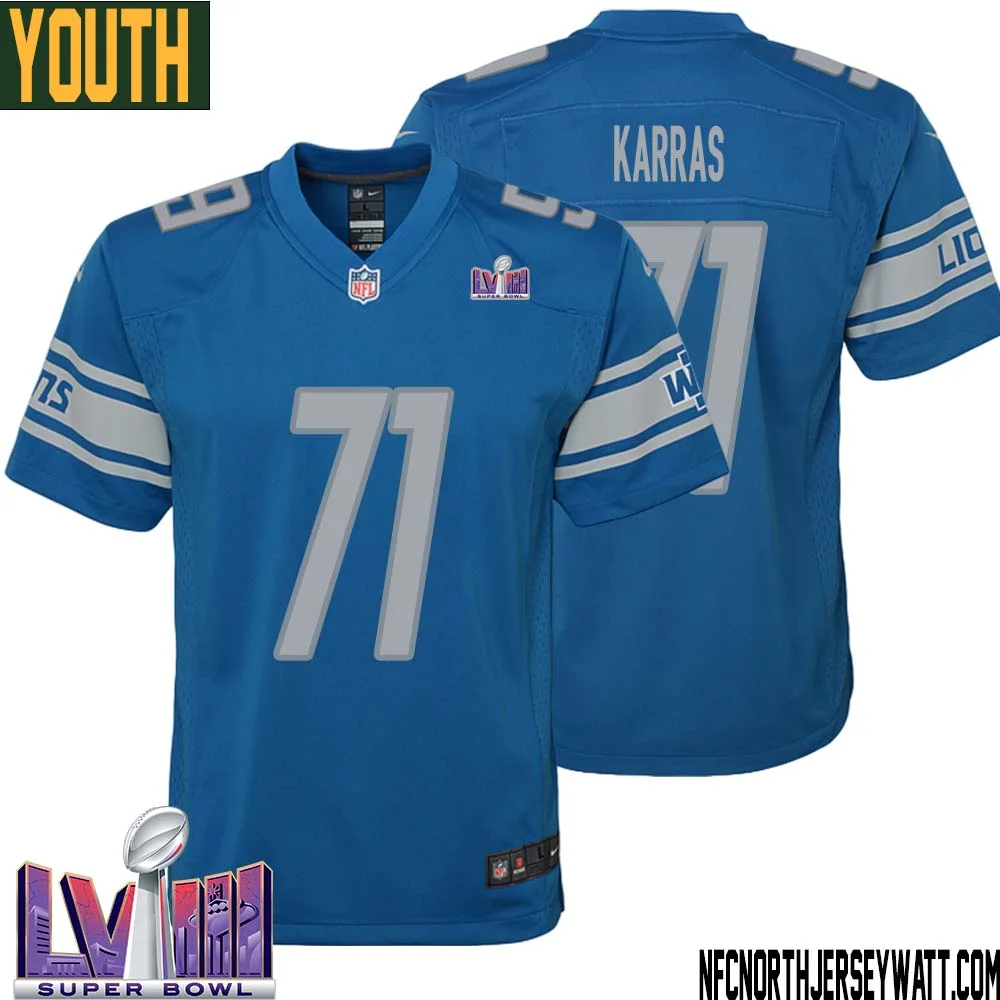 Alex Karras No 71 Youth Blue Detroit Lions Player Super Bowl LVIII Home Game Jersey 1