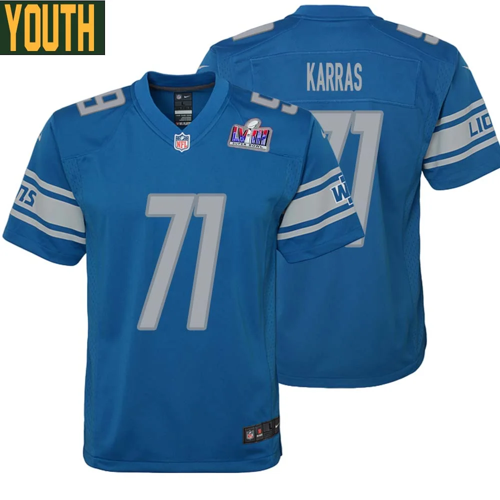Alex Karras No 71 Youths Custom Blue Detroit Lions Super Bowl LVIII Player Home Game Jersey