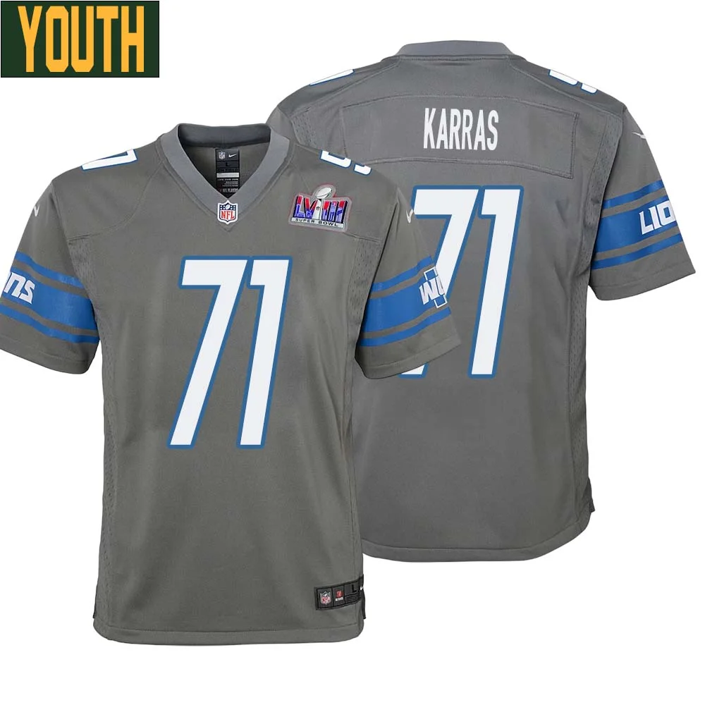 Alex Karras No 71 Youths Custom Gray Detroit Lions Alternate Super Bowl LVIII Game Jersey