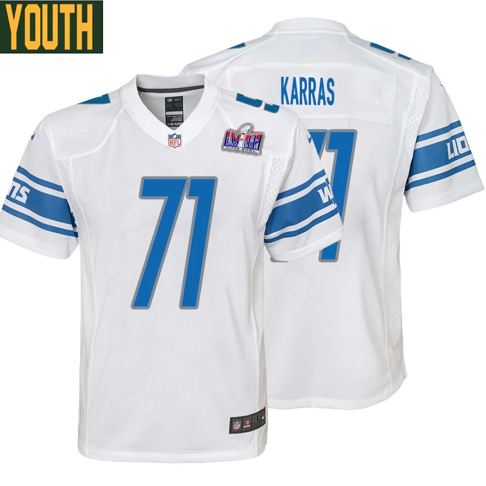Alex Karras No 71 Youths Custom White Detroit Lions Super Bowl LVIII Away Game Jersey