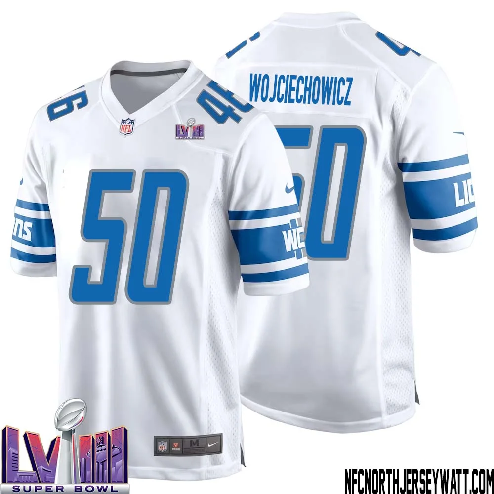 Alex Wojciechowicz No 50 Men White Detroit Lions Player Super Bowl LVIII Away Game Jersey