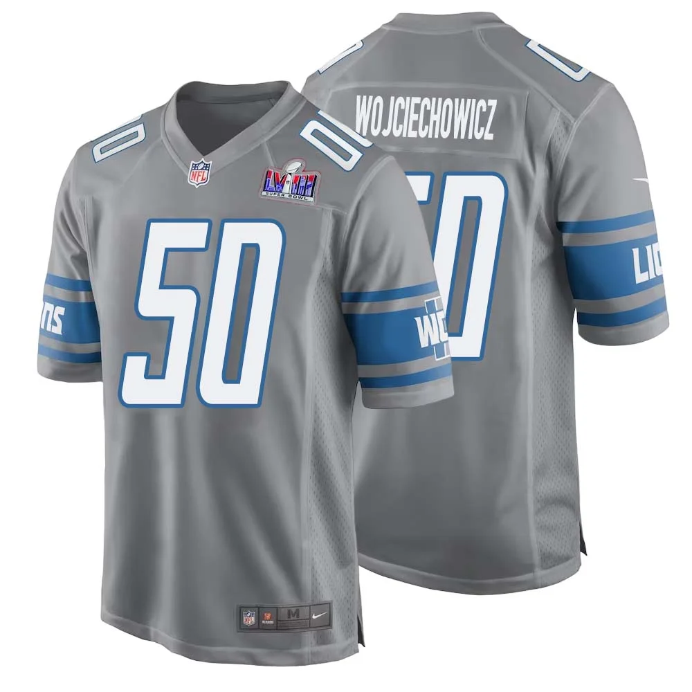 Alex Wojciechowicz No 50 Mens Custom Gray Detroit Lions Alternate Super Bowl LVIII Game Jersey