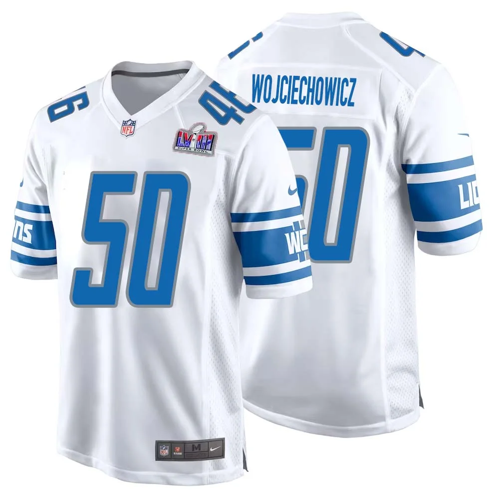 Alex Wojciechowicz No 50 Mens Custom White Detroit Lions Super Bowl LVIII Away Game Jersey