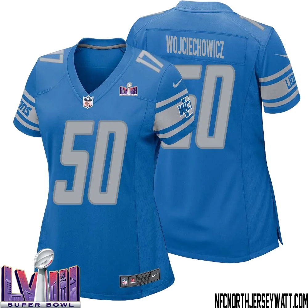 Alex Wojciechowicz No 50 Women Blue Detroit Lions Player Super Bowl LVIII Home Game Jersey 1