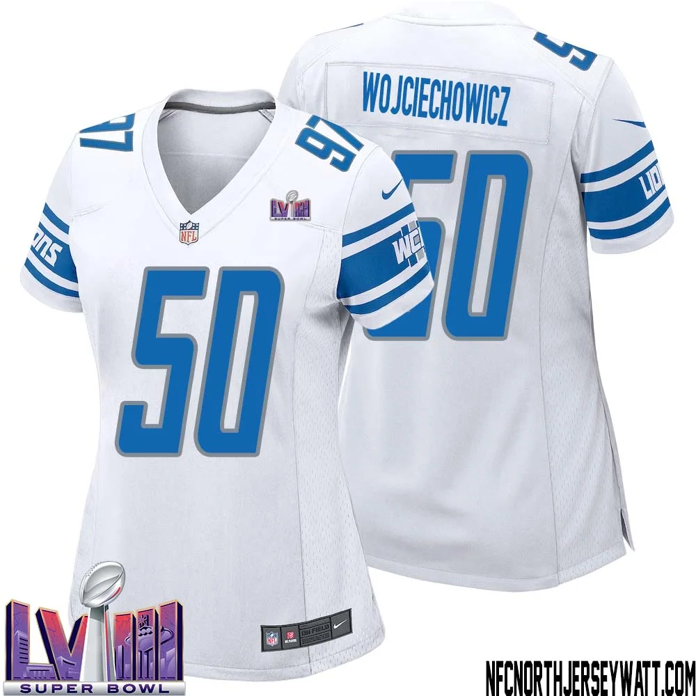 Alex Wojciechowicz No 50 Women White Detroit Lions Player Super Bowl LVIII Away Game Jersey