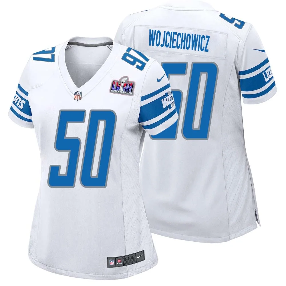 Alex Wojciechowicz No 50 Womens Custom White Detroit Lions Super Bowl LVIII Away Game Jersey