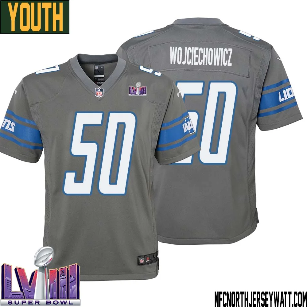 Alex Wojciechowicz No 50 Youth Grey Detroit Lions Player Super Bowl LVIII Alternate Game Jersey 1