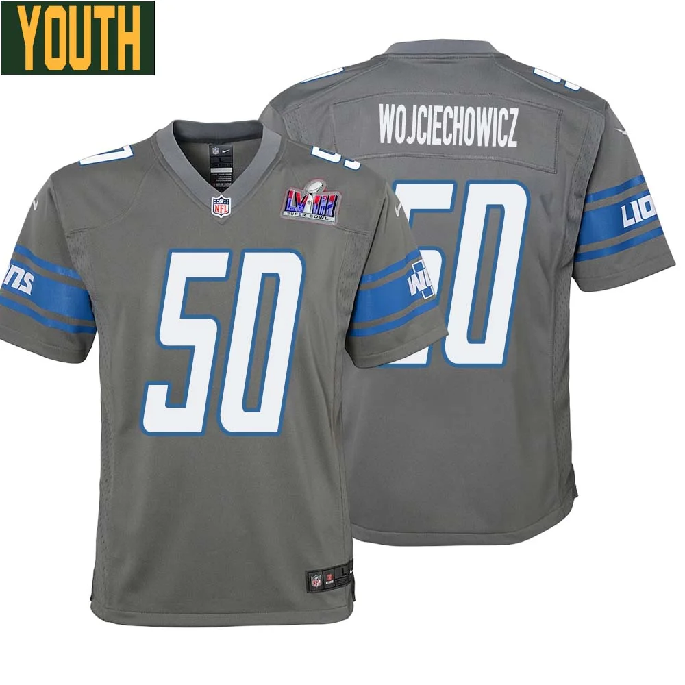 Alex Wojciechowicz No 50 Youths Custom Gray Detroit Lions Alternate Super Bowl LVIII Game Jersey