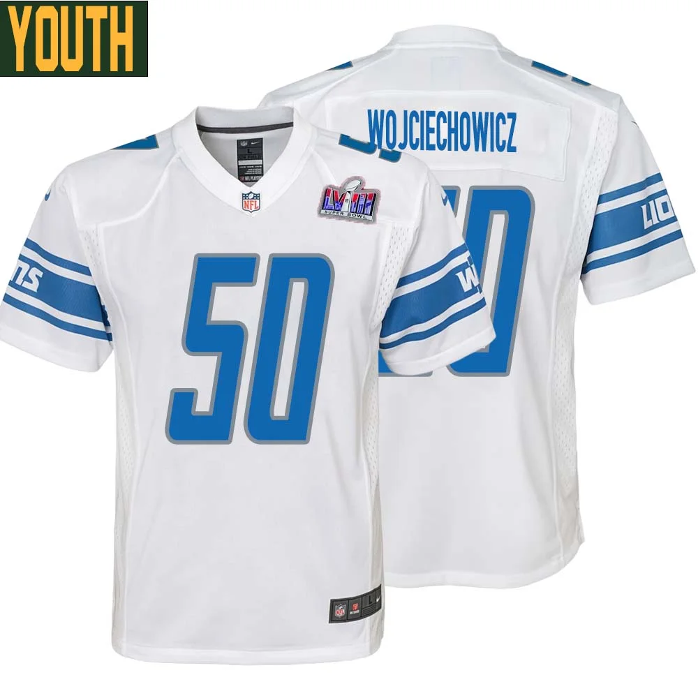 Alex Wojciechowicz No 50 Youths Custom White Detroit Lions Super Bowl LVIII Away Game Jersey