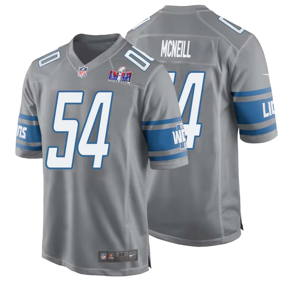 Alim McNeill No 54 Mens Custom Gray Detroit Lions Alternate Super Bowl LVIII Game Jersey