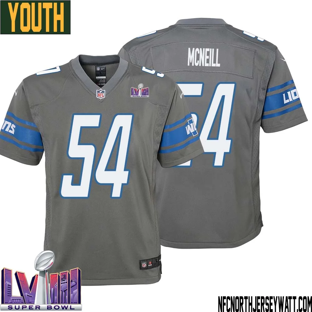 Alim McNeill No 54 Youth Grey Detroit Lions Player Super Bowl LVIII Alternate Game Jersey 1