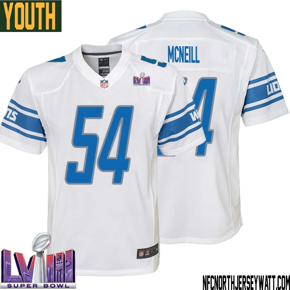 Alim McNeill No 54 Youth White Detroit Lions Player Super Bowl LVIII Away Game Jersey