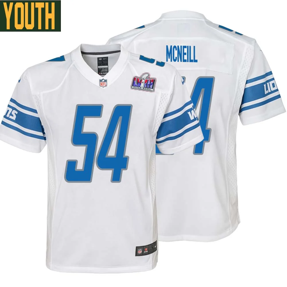 Alim McNeill No 54 Youths Custom White Detroit Lions Super Bowl LVIII Away Game Jersey