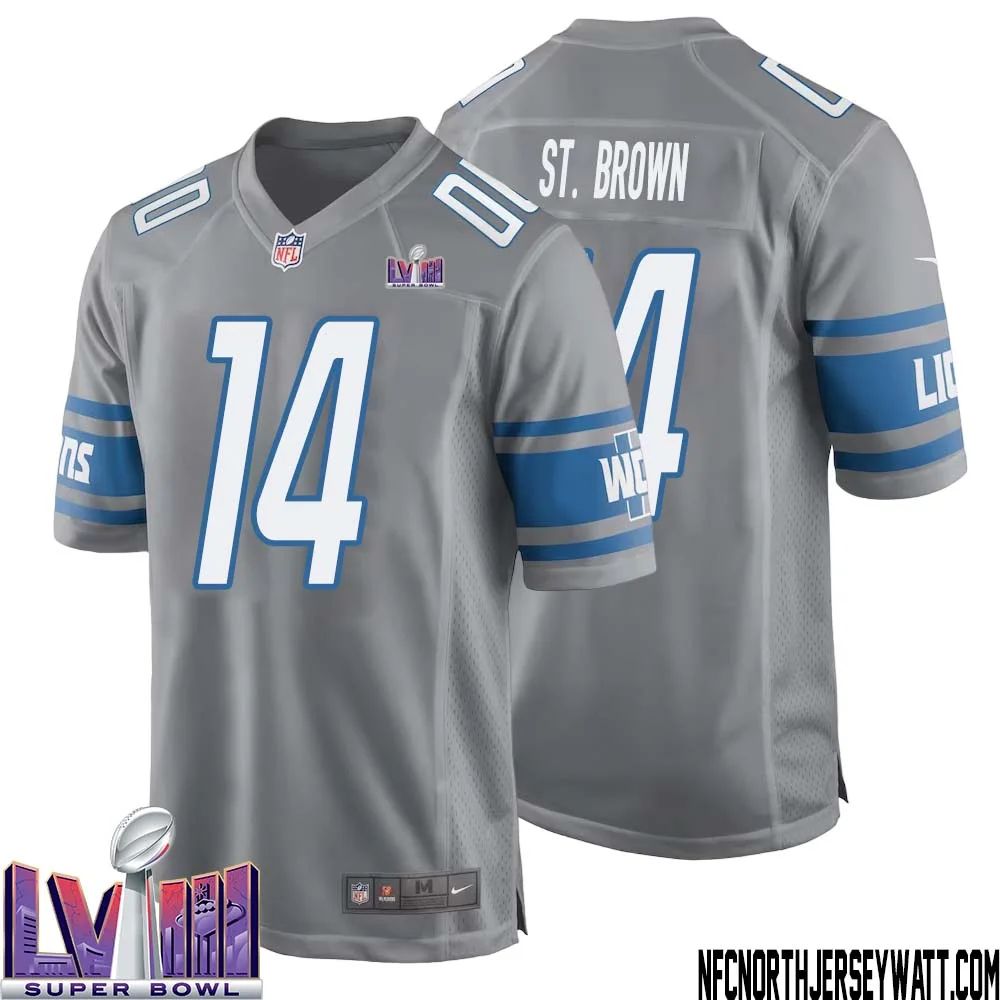 Amon Ra St. Brown No 14 Men Grey Detroit Lions Player Super Bowl LVIII Alternate Game Jersey 1
