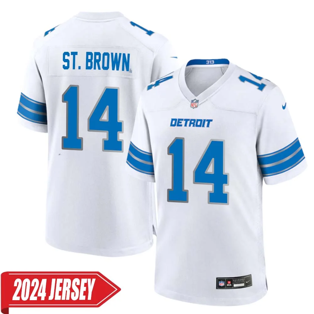 Amon Ra St. Brown No 14 Men s Detroit Lions Away Game 2024 Jersey White