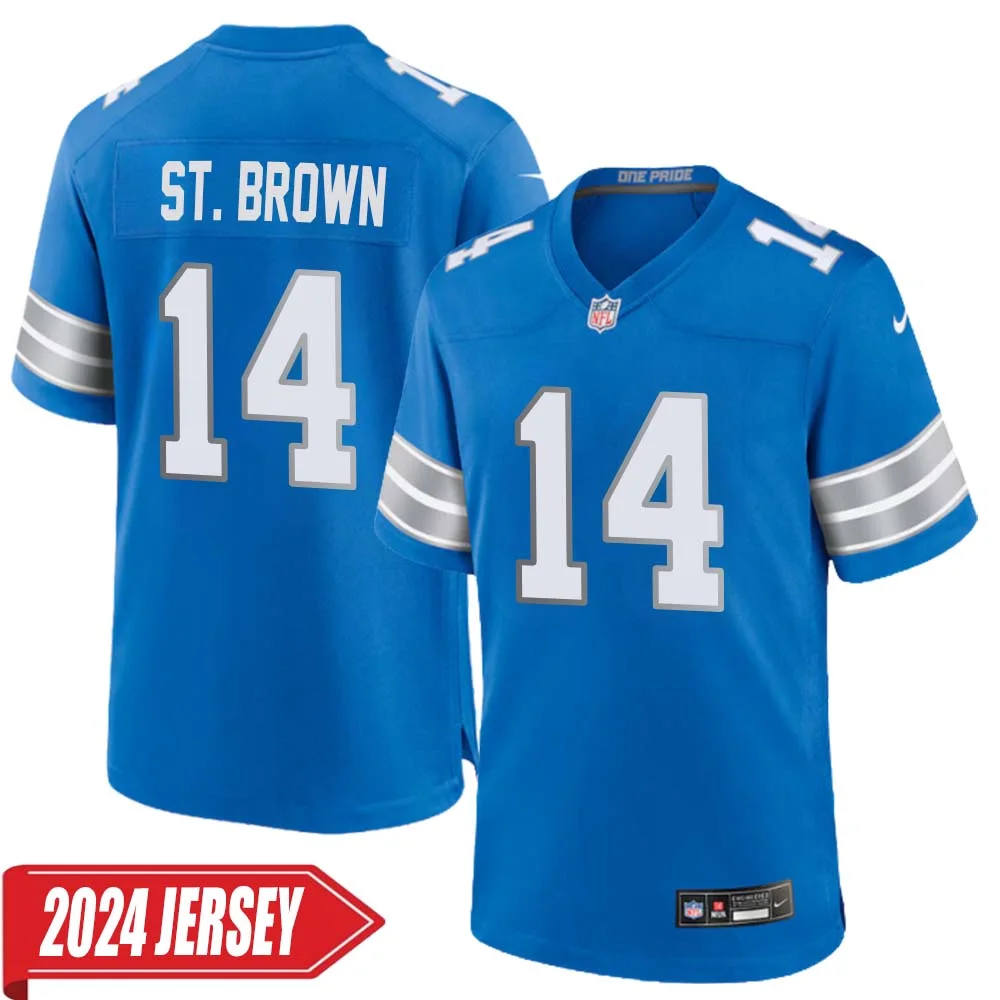 Amon Ra St. Brown No 14 Men s Detroit Lions Home Game 2024 Jersey Blue