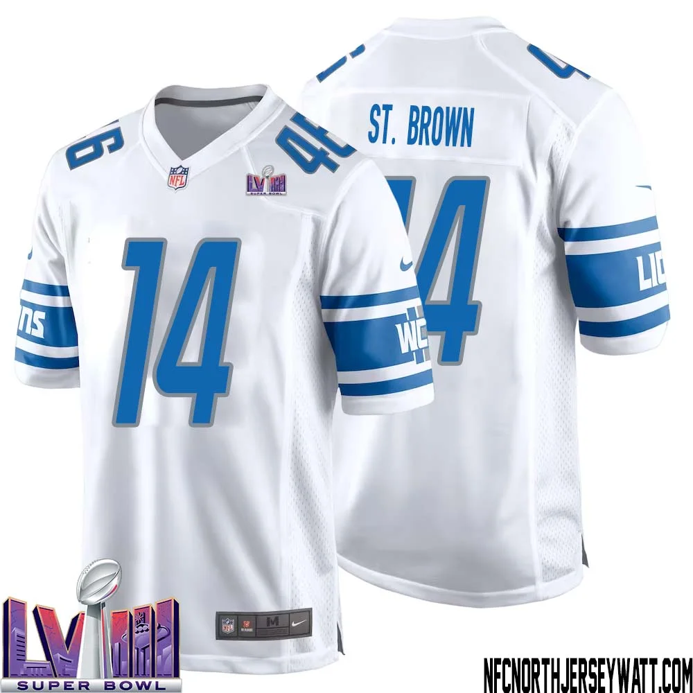 Amon Ra St. Brown No 14 Men White Detroit Lions Player Super Bowl LVIII Away Game Jersey