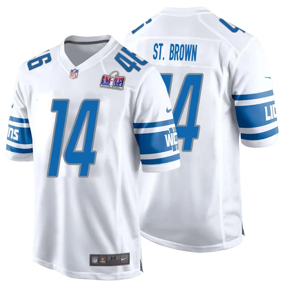 Amon Ra St. Brown No 14 Mens Custom White Detroit Lions Super Bowl LVIII Away Game Jersey