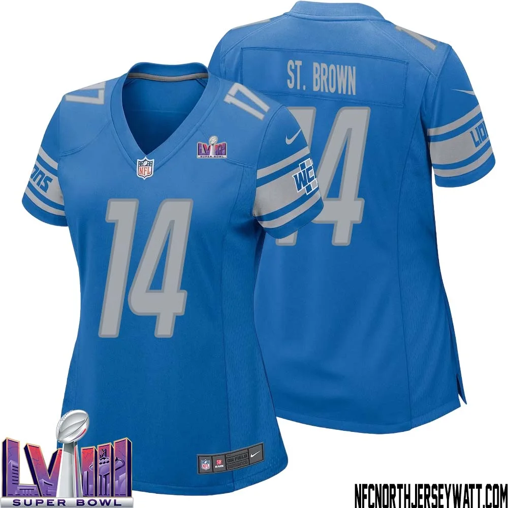 Amon Ra St. Brown No 14 Women Blue Detroit Lions Player Super Bowl LVIII Home Game Jersey