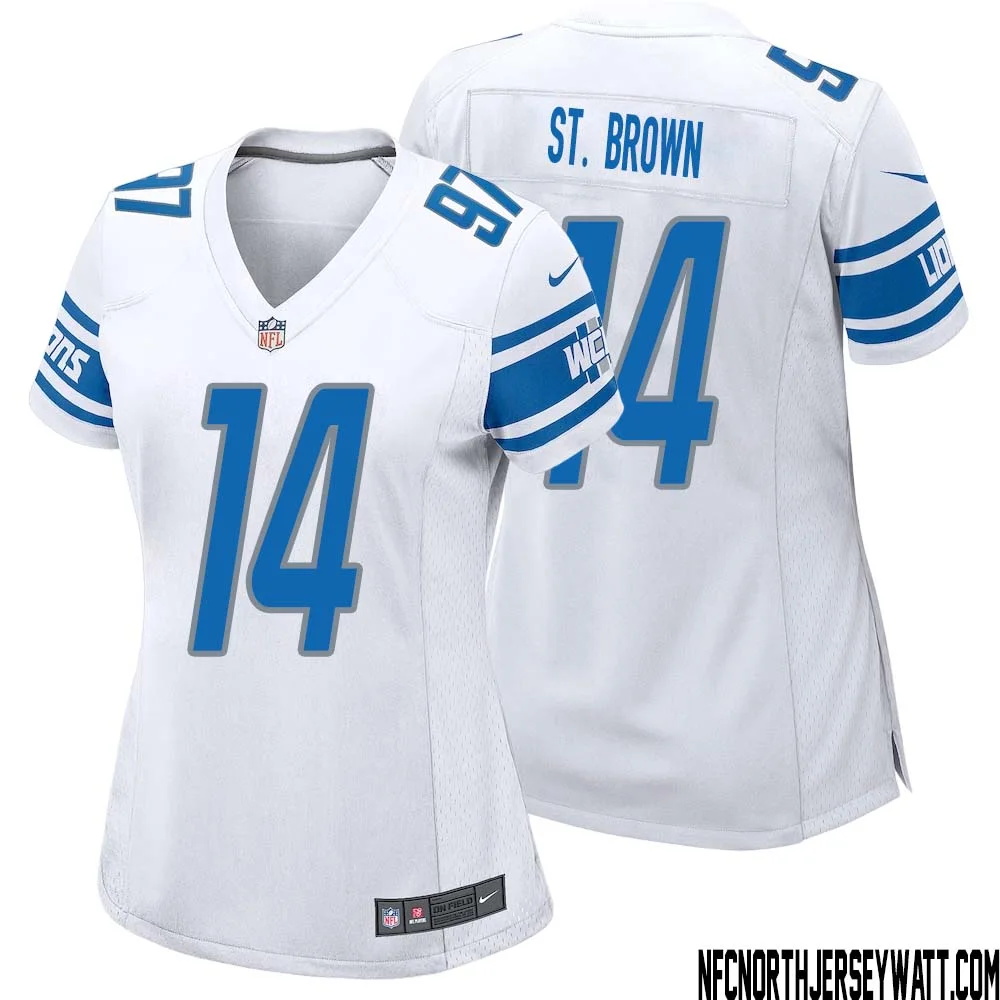 Amon Ra St. Brown No 14 Women White Detroit Lions Player Away Game Jersey