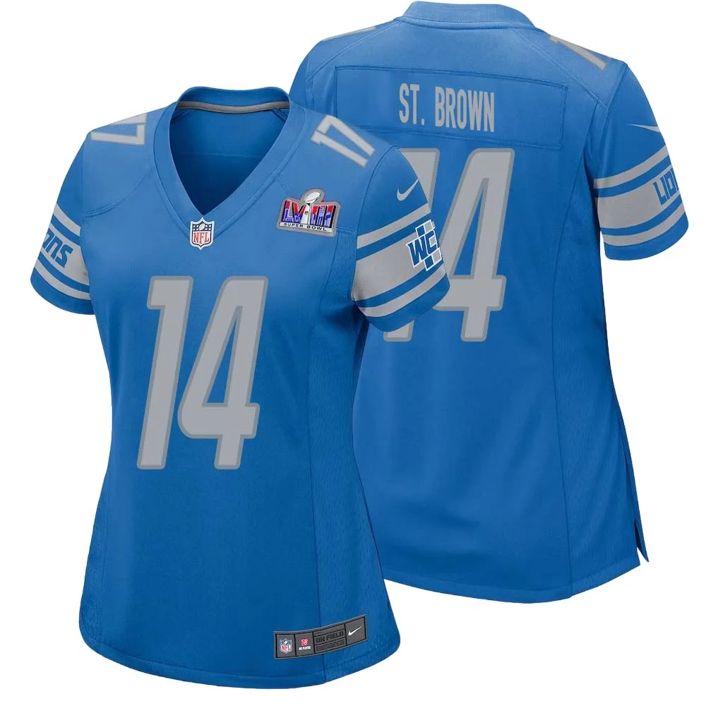Amon Ra St. Brown No 14 Womens Custom Blue Detroit Lions Super Bowl LVIII Player Home Game Jersey