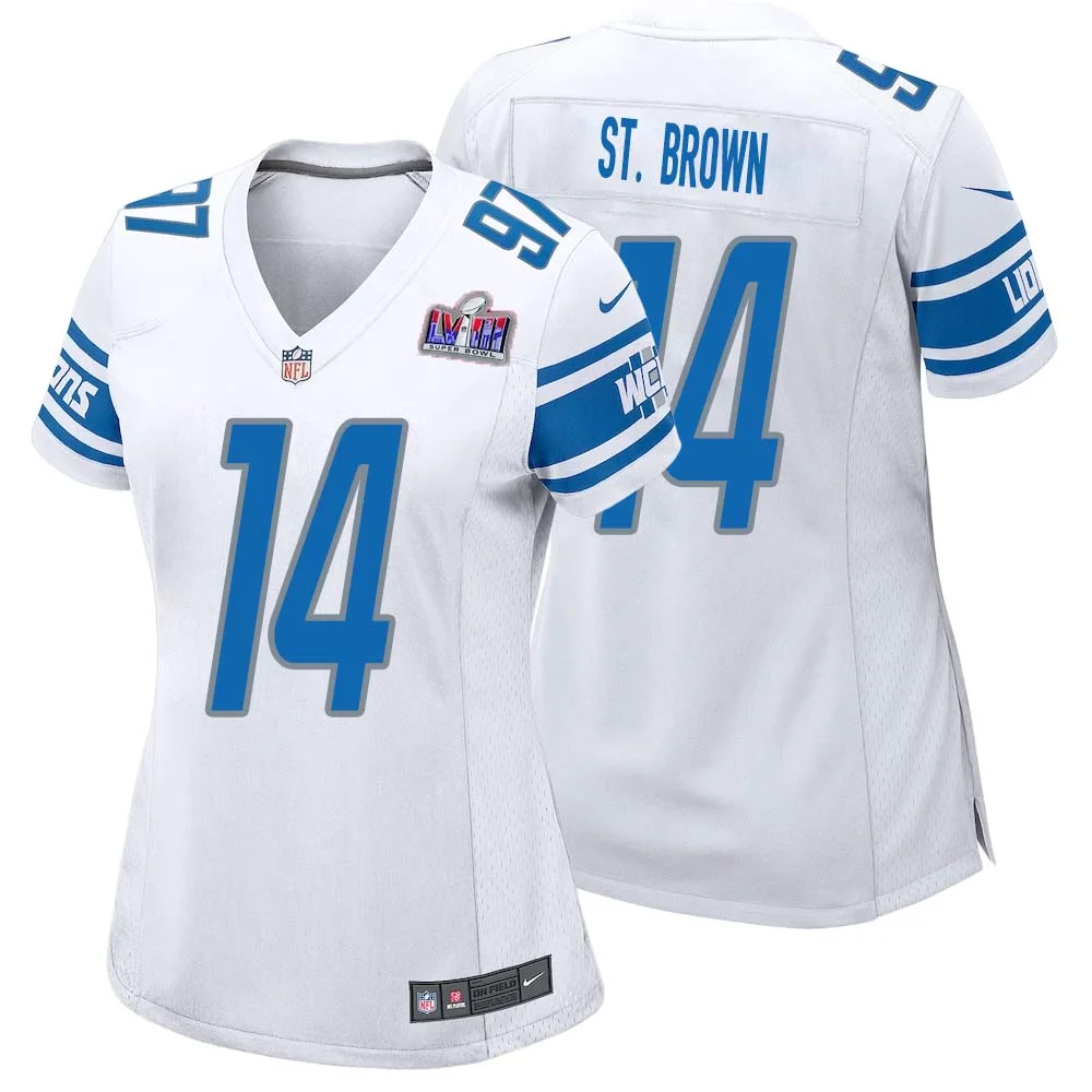 Amon Ra St. Brown No 14 Womens Custom White Detroit Lions Super Bowl LVIII Away Game Jersey