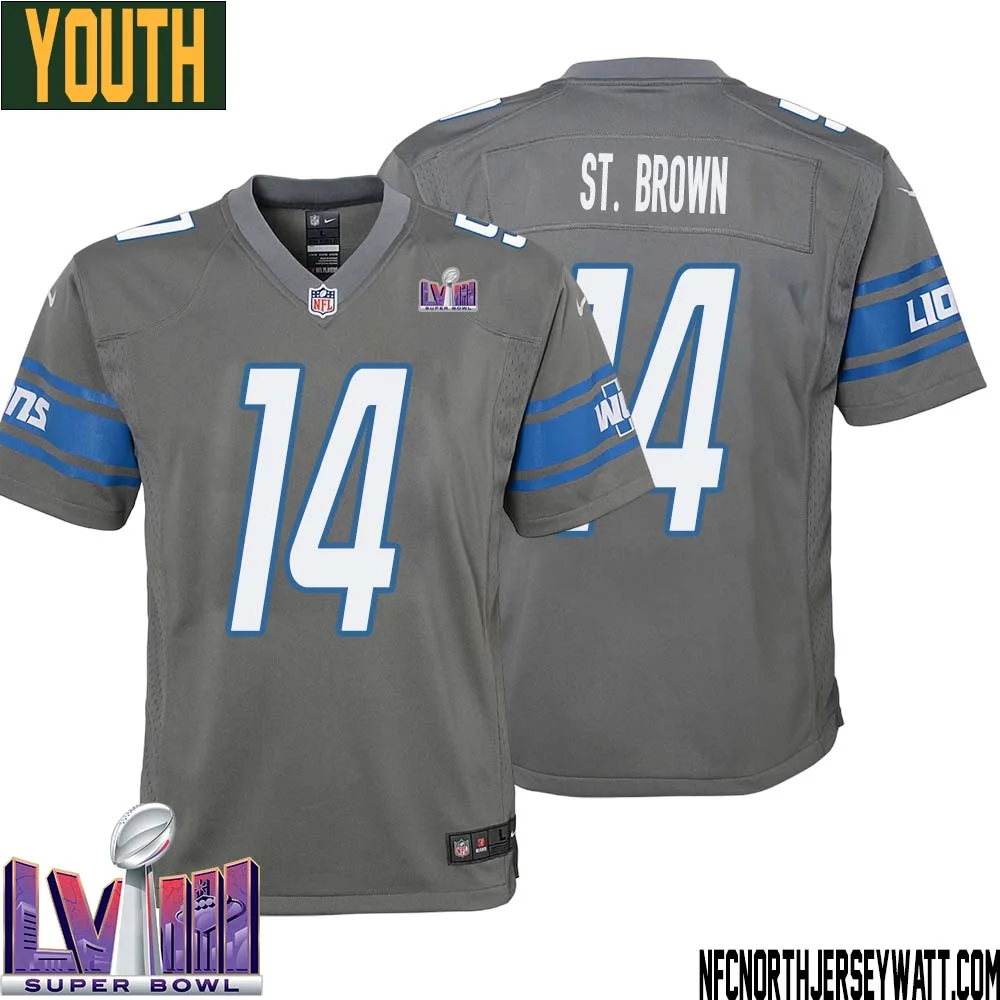 Amon Ra St. Brown No 14 Youth Grey Detroit Lions Player Super Bowl LVIII Alternate Game Jersey 1